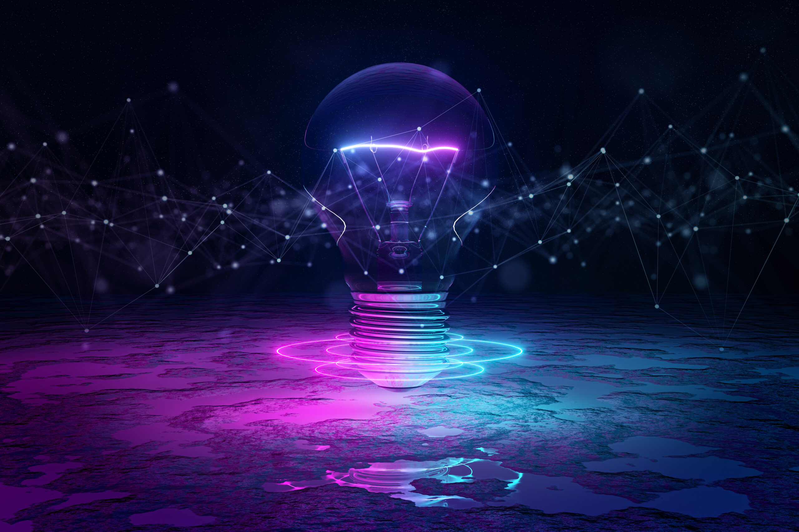 Lightbulb illuminating reflecting floor with blue and pink neon glowing light and digital network 3D rendering